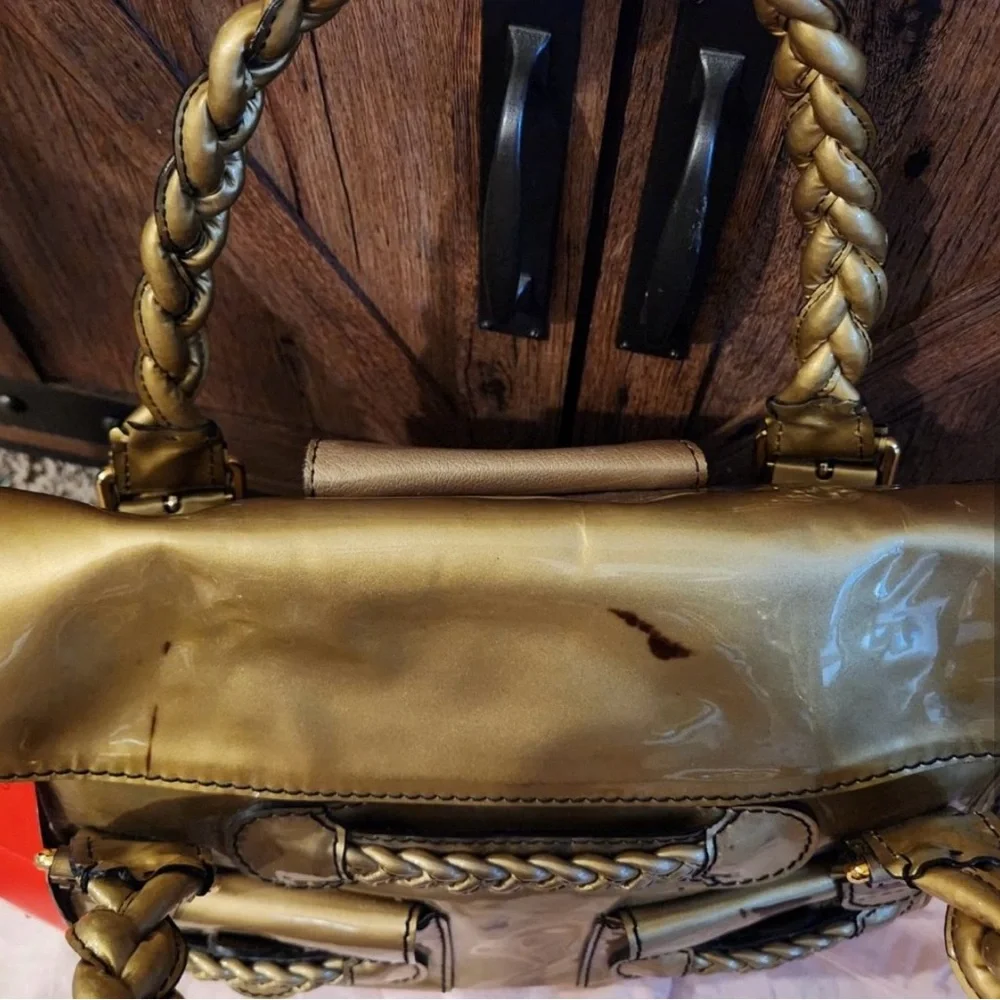 🟠NWT VALENTINO GARAVANI Histoire Braided Handle Patent Leather Satchel in Gold